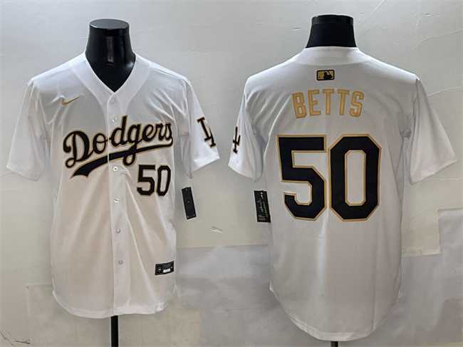 Men%27s Los Angeles Dodgers #50 Mookie Betts White Gold Limited Stitched Jersey->los angeles dodgers->MLB Jersey
